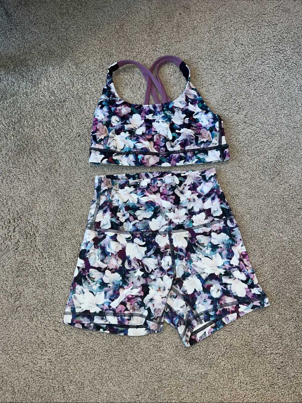 lululemon athletica Purple Floral Strappy Sports Bra & High-Waist Shorts